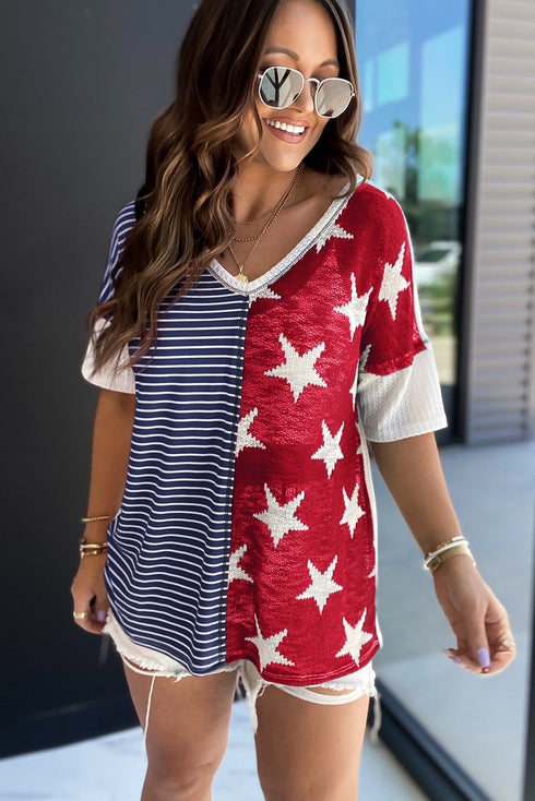 Stripes Stars Print Knit Short Sleeves Top